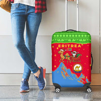 Eritrea Christmas Luggage Cover with Santa Claus Camel Sleigh National Emblem and Red Green Blue Pattern - Wonder Print Shop
