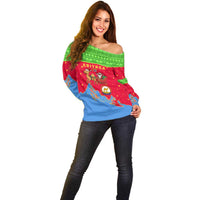 Eritrea Christmas Off Shoulder Sweater with Santa Claus Camel Sleigh National Emblem and Red Green Blue Pattern - Wonder Print Shop