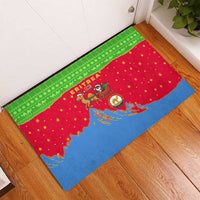 Eritrea Christmas Rubber Doormat with Santa Claus Camel Sleigh National Emblem and Red Green Blue Pattern - Wonder Print Shop