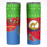 Eritrea Christmas Skinny Tumbler with Santa Claus Camel Sleigh National Emblem and Red Green Blue Pattern - Wonder Print Shop