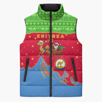 Eritrea Christmas Sleeveless Puffer Jacket with Santa Claus Camel Sleigh National Emblem and Red Green Blue Pattern - Wonder Print Shop