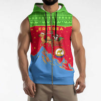 Eritrea Christmas Sleeveless Zip Hoodie with Santa Claus Camel Sleigh National Emblem and Red Green Blue Pattern - Wonder Print Shop
