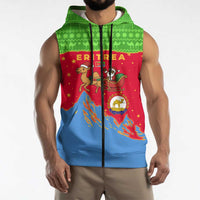 Eritrea Christmas Sleeveless Zip Hoodie with Santa Claus Camel Sleigh National Emblem and Red Green Blue Pattern - Wonder Print Shop
