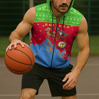 Eritrea Christmas Sleeveless Zip Hoodie with Santa Claus Camel Sleigh National Emblem and Red Green Blue Pattern - Wonder Print Shop