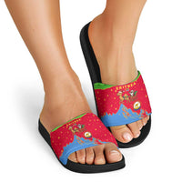 Eritrea Christmas Slide Sandals with Santa Claus Camel Sleigh National Emblem and Red Green Blue Pattern - Wonder Print Shop