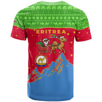 Eritrea Christmas T Shirt with Santa Claus Camel Sleigh National Emblem and Red Green Blue Pattern - Wonder Print Shop
