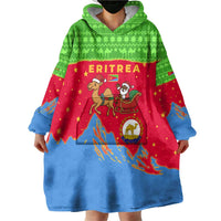 Eritrea Christmas Wearable Blanket Hoodie with Santa Claus Camel Sleigh National Emblem and Red Green Blue Pattern - Wonder Print Shop