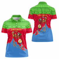 Eritrea Christmas Women Polo Shirt with Santa Claus Camel Sleigh National Emblem and Red Green Blue Pattern - Wonder Print Shop