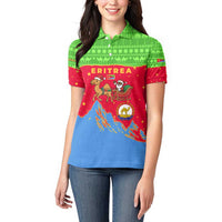 Eritrea Christmas Women Polo Shirt with Santa Claus Camel Sleigh National Emblem and Red Green Blue Pattern - Wonder Print Shop