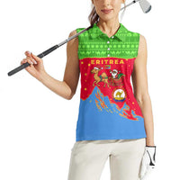 Eritrea Christmas Women Sleeveless Polo Shirt with Santa Claus Camel Sleigh National Emblem and Red Green Blue Pattern - Wonder Print Shop