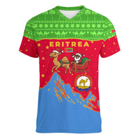 Eritrea Christmas Women V-Neck T-Shirt with Santa Claus Camel Sleigh National Emblem and Red Green Blue Pattern - Wonder Print Shop