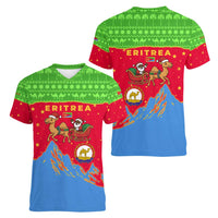 Eritrea Christmas Women V-Neck T-Shirt with Santa Claus Camel Sleigh National Emblem and Red Green Blue Pattern - Wonder Print Shop