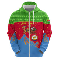 Eritrea Christmas Zip Hoodie with Santa Claus Camel Sleigh National Emblem and Red Green Blue Pattern - Wonder Print Shop
