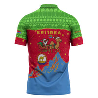 Eritrea Christmas Zipper Polo Shirt with Santa Claus Camel Sleigh National Emblem and Red Green Blue Pattern - Wonder Print Shop
