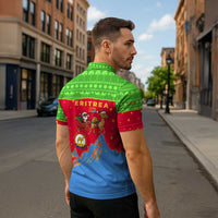 Eritrea Christmas Zipper Polo Shirt with Santa Claus Camel Sleigh National Emblem and Red Green Blue Pattern - Wonder Print Shop