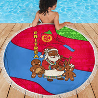 Eritrea Christmas Beach Blanket with African Santa Gingerbread Harp National Flag Colors and Festive Pattern Design - Wonder Print Shop