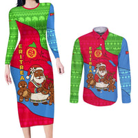 Eritrea Christmas Couples Matching Long Sleeve Bodycon Dress and Long Sleeve Button Shirt with African Santa Gingerbread Harp National Flag Colors and Festive Pattern Design - Wonder Print Shop