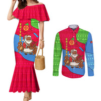 Eritrea Christmas Couples Matching Mermaid Dress and Long Sleeve Button Shirt with African Santa Gingerbread Harp National Flag Colors and Festive Pattern Design - Wonder Print Shop