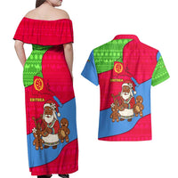 Eritrea Christmas Couples Matching Off Shoulder Maxi Dress and Hawaiian Shirt with African Santa Gingerbread Harp National Flag Colors and Festive Pattern Design - Wonder Print Shop