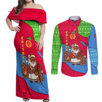 Eritrea Christmas Couples Matching Off Shoulder Maxi Dress and Long Sleeve Button Shirt with African Santa Gingerbread Harp National Flag Colors and Festive Pattern Design - Wonder Print Shop