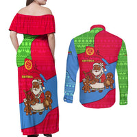 Eritrea Christmas Couples Matching Off Shoulder Maxi Dress and Long Sleeve Button Shirt with African Santa Gingerbread Harp National Flag Colors and Festive Pattern Design - Wonder Print Shop