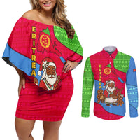 Eritrea Christmas Couples Matching Off Shoulder Short Dress and Long Sleeve Button Shirt with African Santa Gingerbread Harp National Flag Colors and Festive Pattern Design - Wonder Print Shop