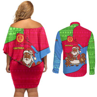 Eritrea Christmas Couples Matching Off Shoulder Short Dress and Long Sleeve Button Shirt with African Santa Gingerbread Harp National Flag Colors and Festive Pattern Design - Wonder Print Shop