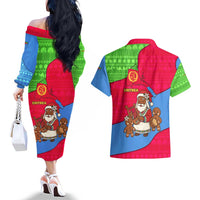 Eritrea Christmas Couples Matching Off The Shoulder Long Sleeve Dress and Hawaiian Shirt with African Santa Gingerbread Harp National Flag Colors and Festive Pattern Design - Wonder Print Shop