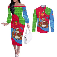 Eritrea Christmas Couples Matching Off The Shoulder Long Sleeve Dress and Long Sleeve Button Shirt with African Santa Gingerbread Harp National Flag Colors and Festive Pattern Design - Wonder Print Shop