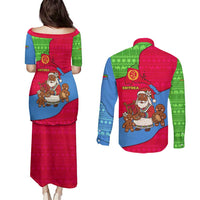 Eritrea Christmas Couples Matching Puletasi and Long Sleeve Button Shirt with African Santa Gingerbread Harp National Flag Colors and Festive Pattern Design - Wonder Print Shop