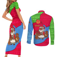 Eritrea Christmas Couples Matching Short Sleeve Bodycon Dress and Long Sleeve Button Shirt with African Santa Gingerbread Harp National Flag Colors and Festive Pattern Design - Wonder Print Shop