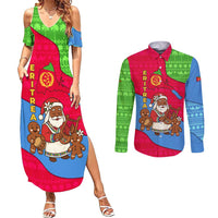 Eritrea Christmas Couples Matching Summer Maxi Dress and Long Sleeve Button Shirt with African Santa Gingerbread Harp National Flag Colors and Festive Pattern Design - Wonder Print Shop
