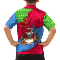 Eritrea Christmas Family Matching Off The Shoulder Long Sleeve Dress and Hawaiian Shirt with African Santa Gingerbread Harp National Flag Colors and Festive Pattern Design - Wonder Print Shop
