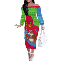 Eritrea Christmas Family Matching Off The Shoulder Long Sleeve Dress and Hawaiian Shirt with African Santa Gingerbread Harp National Flag Colors and Festive Pattern Design - Wonder Print Shop