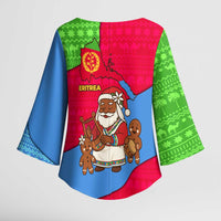 Eritrea Christmas Kimono Sleeve Blouse with African Santa Gingerbread Harp National Flag Colors and Festive Pattern Design - Wonder Print Shop