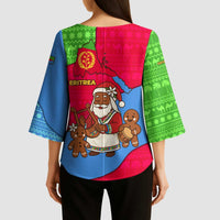 Eritrea Christmas Kimono Sleeve Blouse with African Santa Gingerbread Harp National Flag Colors and Festive Pattern Design - Wonder Print Shop