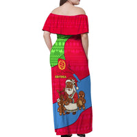 Eritrea Christmas Off Shoulder Maxi Dress with African Santa Gingerbread Harp National Flag Colors and Festive Pattern Design - Wonder Print Shop