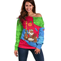 Eritrea Christmas Off Shoulder Sweater with African Santa Gingerbread Harp National Flag Colors and Festive Pattern Design - Wonder Print Shop