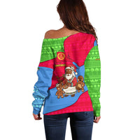Eritrea Christmas Off Shoulder Sweater with African Santa Gingerbread Harp National Flag Colors and Festive Pattern Design - Wonder Print Shop