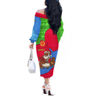 Eritrea Christmas Off The Shoulder Long Sleeve Dress with African Santa Gingerbread Harp National Flag Colors and Festive Pattern Design - Wonder Print Shop
