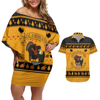 Americans Turkey Hunting Thanksgiving Christmas Couples Matching Off Shoulder Short Dress and Hawaiian Shirt Xmas Holiday Patterns - Wonder Print Shop