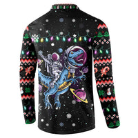 Astronauts Ride A T Rex In Space With The Planet Christmas Button Sweatshirt Xmas Holiday Patterns - Wonder Print Shop