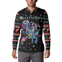 Astronauts Ride A T Rex In Space With The Planet Christmas Button Sweatshirt Xmas Holiday Patterns - Wonder Print Shop