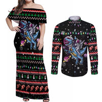 Astronauts Ride A T Rex In Space With The Planet Christmas Couples Matching Off Shoulder Maxi Dress and Long Sleeve Button Shirt Xmas Holiday Patterns - Wonder Print Shop