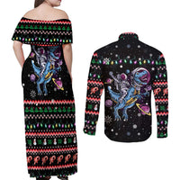 Astronauts Ride A T Rex In Space With The Planet Christmas Couples Matching Off Shoulder Maxi Dress and Long Sleeve Button Shirt Xmas Holiday Patterns - Wonder Print Shop