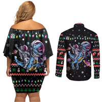 Astronauts Ride A T Rex In Space With The Planet Christmas Couples Matching Off Shoulder Short Dress and Long Sleeve Button Shirt Xmas Holiday Patterns - Wonder Print Shop