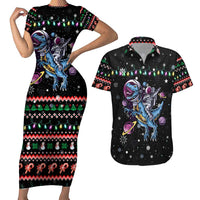 Astronauts Ride A T Rex In Space With The Planet Christmas Couples Matching Short Sleeve Bodycon Dress and Hawaiian Shirt Xmas Holiday Patterns - Wonder Print Shop