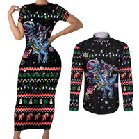 Astronauts Ride A T Rex In Space With The Planet Christmas Couples Matching Short Sleeve Bodycon Dress and Long Sleeve Button Shirt Xmas Holiday Patterns - Wonder Print Shop