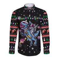 Astronauts Ride A T Rex In Space With The Planet Christmas Long Sleeve Button Shirt Xmas Holiday Patterns - Wonder Print Shop