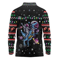 Astronauts Ride A T Rex In Space With The Planet Christmas Long Sleeve Polo Shirt Xmas Holiday Patterns - Wonder Print Shop